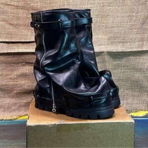 Black‎ Slouchy Chunky Motorcycle Boots Size 6